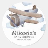 ブルー ヴィンテージ飛行機ベビーシャワー感謝 ラウンドシール (正面)