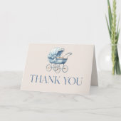 ブルー ヴィンテージ ベビーカー ベビーシャワー サンキューカード (正面)