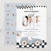 ブルー ヴィンテージ レース カー ファースト バースデー インビテーション フォト (正面/裏面)