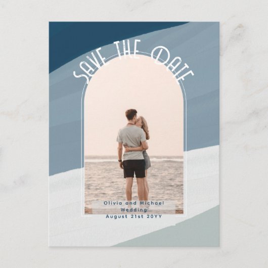 ブルー 予算に関する情報写真を選択して日付を保存 ポストカード (正面)