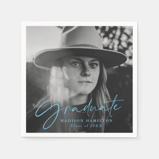 ブルー |写真スタイリッシュの卒業のスクリプト スタンダードカクテルナプキン (正面)