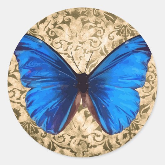ブルー（昆虫）オオカバマダラ、モナークバタフライダマスクヴィンテージアート ラウンドシール (正面)
