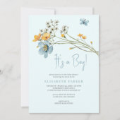 ブルー 水彩 花のベイビーシャワー 招待状 (正面)