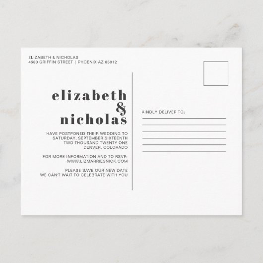 ブルー | 現代の結婚式延期のお知らせ ポストカード (裏面)