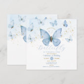 ブルー 私たちの小さな蝶は1歳のゴールド 招待状 (正面/裏面)