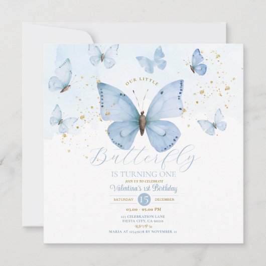 ブルー 私たちの小さな蝶は1歳のゴールド 招待状 (正面)