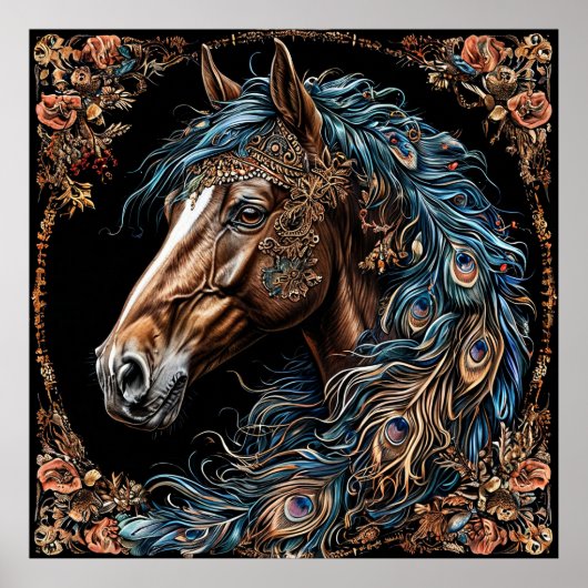 🐎 ブルー+豪華な馬の壁アート 💙 ブルーのたてがみ ポスター (正面)