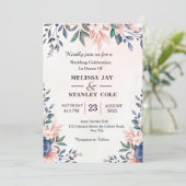 ブルー&赤面ピンクフローラフレーム水結婚色 招待状 (スタンド正面)