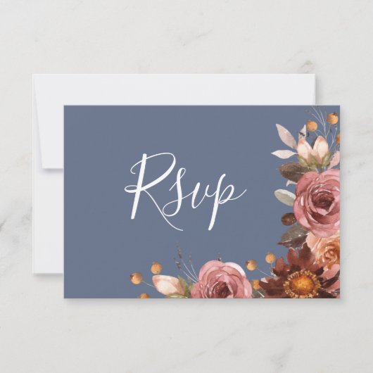 ブルー、赤面ブルゴーニュフローラ、食事なしRSVP 出欠カード (正面)