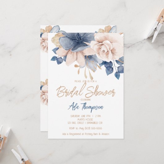 ブルー、赤面&バラ金ゴールドブライダルシャワー招待 招待状 (正面/裏面インサイチュ)