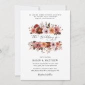 ブルー、赤面、ブルゴーニュフローラの開花結婚ズ 招待状 (正面)