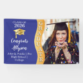 ブルー |金ゴールドおめでとう大学院Wave写真 横断幕 (横)