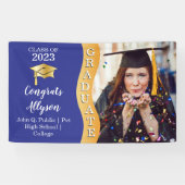 ブルー |金ゴールドおめでとう大学院Wave写真 横断幕 (横)