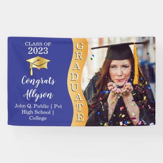 ブルー |金ゴールドおめでとう大学院Wave写真 横断幕 (横)