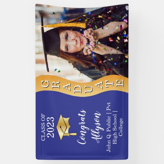 ブルー |金ゴールドおめでとう大学院Wave写真 横断幕 (縦)
