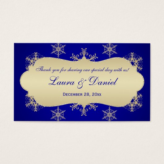 ブルー,金ゴールドきらびやかな雪片結婚式の引き出物ラベル (正面)