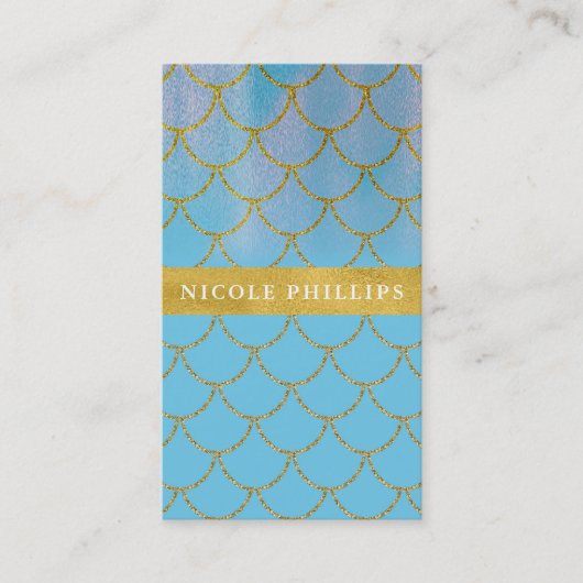 ブルー&金ゴールドきらめくマーメイドグはかりで測ラムトレンディー 名刺 (正面)