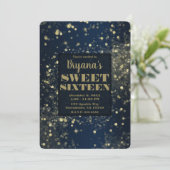 ブルー&金ゴールドきらめくライトグラムスウィート16パーティー 招待状 (スタンド正面)