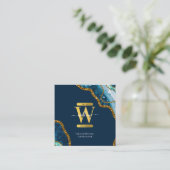 ブルー&金ゴールドアゲートゲードグリッターモノグラムマーブル スクエア名刺 (スタンド正面)