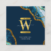 ブルー&金ゴールドアゲートゲードグリッターモノグラムマーブル スクエア名刺 (正面)