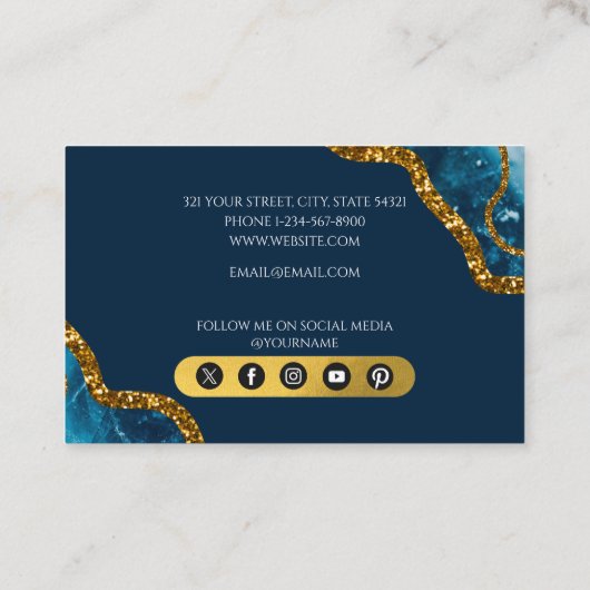 ブルー&金ゴールドアゲートゲードグリッターモノグラムマーブル 名刺 (裏面)