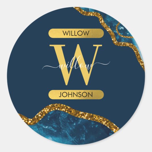 ブルー&金ゴールドアゲートゲードグリッターモノグラム ラウンドシール (正面)
