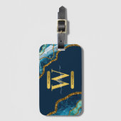 ブルー&金ゴールドアゲートゲードグリッターモノグラム ラゲッジタグ (正面縦)