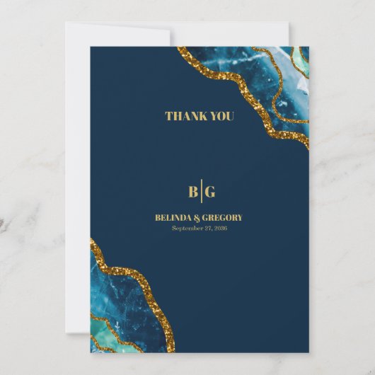ブルー&金ゴールドアゲートゲードグリッター結婚ズ サンキューカード (正面)