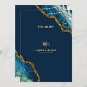 ブルー&金ゴールドアゲートゲードグリッター結婚ズ サンキューカード (正面/裏面)