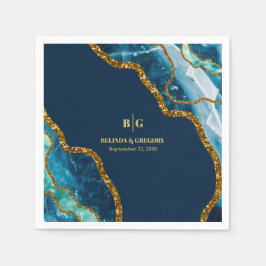 ブルー&金ゴールドアゲートゲードグリッター結婚ズ スタンダードカクテルナプキン
