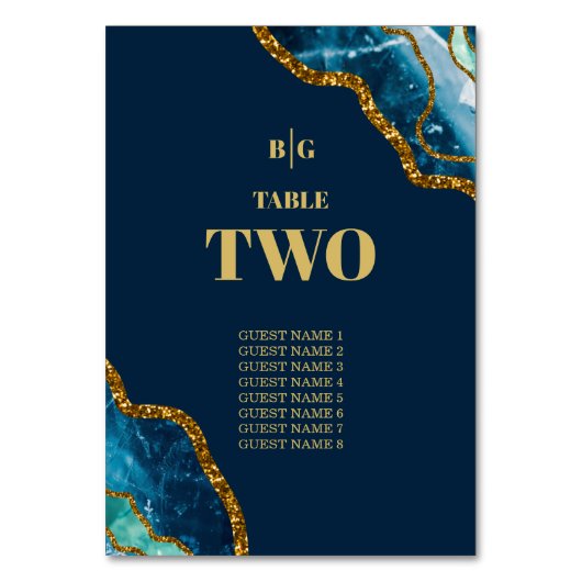 ブルー&金ゴールドアゲートゲードグリッター結婚ズ テーブルナンバー (正面)