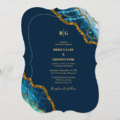 ブルー&金ゴールドアゲートゲードグリッター結婚ズ 招待状 (正面/裏面)