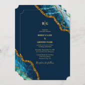 ブルー&金ゴールドアゲートゲードグリッター結婚ズ 招待状 (正面/裏面)