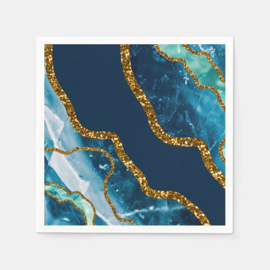 ブルー&金ゴールドアゲートゲードグリッター スタンダードカクテルナプキン (正面)