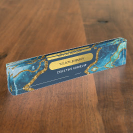 ブルー&金ゴールドアゲートゲードグリッター デスクネームプレート