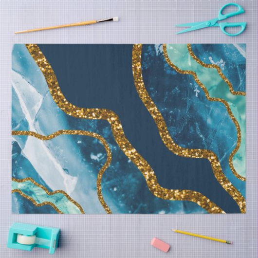 ブルー&金ゴールドアゲートゲードグリッター 薄葉紙 (クラフト)