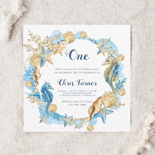 ブルー&金ゴールドアンダーザシーボーイ誕生日スクエア 招待状