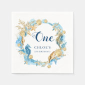 ブルー&金ゴールドアンダーザシー誕生日 スタンダードカクテルナプキン (正面)