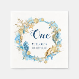 ブルー&金ゴールドアンダーザシー誕生日 スタンダードカクテルナプキン