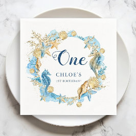 ブルー&金ゴールドアンダーザシー誕生日 スタンダードカクテルナプキン