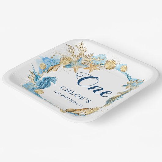 ブルー&金ゴールドアンダーザシー誕生日 ペーパープレート (傾斜あり)