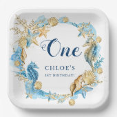 ブルー&金ゴールドアンダーザシー誕生日 ペーパープレート (正面)