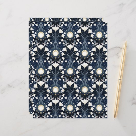 ブルー&金ゴールドアールヌーボームーンスクラップブック紙 (正面/裏面インサイチュ)