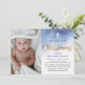 ブルー&金ゴールドウォーターカラーボーイ《キリスト教》洗礼式や命名式 招待状 (スタンド正面)