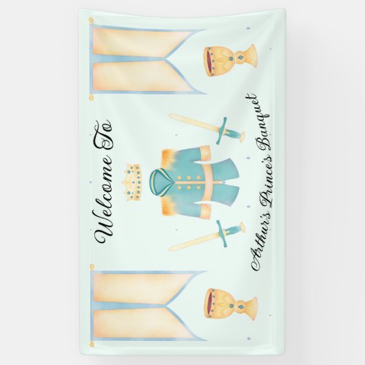 ブルー&金ゴールドウォーターカラーリトルプリンスウェルカム 横断幕 (縦)