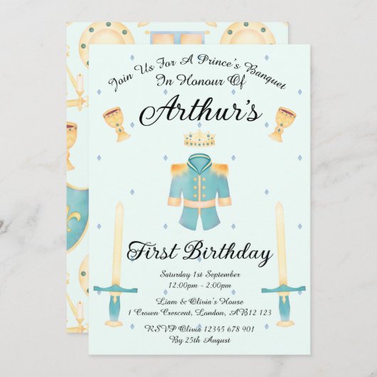 ブルー&金ゴールドウォーターカラーリトルプリンス誕生日 招待状 (正面/裏面)