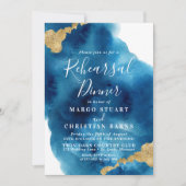 ブルー&金ゴールドウォーターカラーリハーサルディナー招待状 招待状 (正面)
