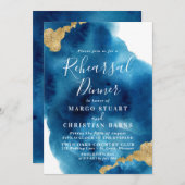 ブルー&金ゴールドウォーターカラーリハーサルディナー招待状 招待状 (正面/裏面)