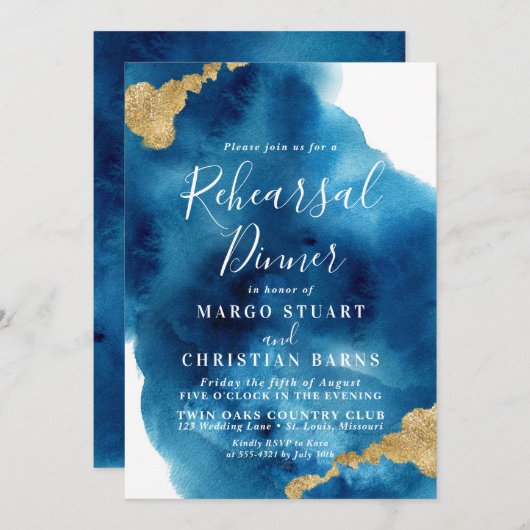 ブルー&金ゴールドウォーターカラーリハーサルディナー招待状 招待状 (正面/裏面)