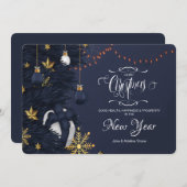 ブルー&金ゴールドクリスマスグリーティングカード シーズンカード (正面/裏面)